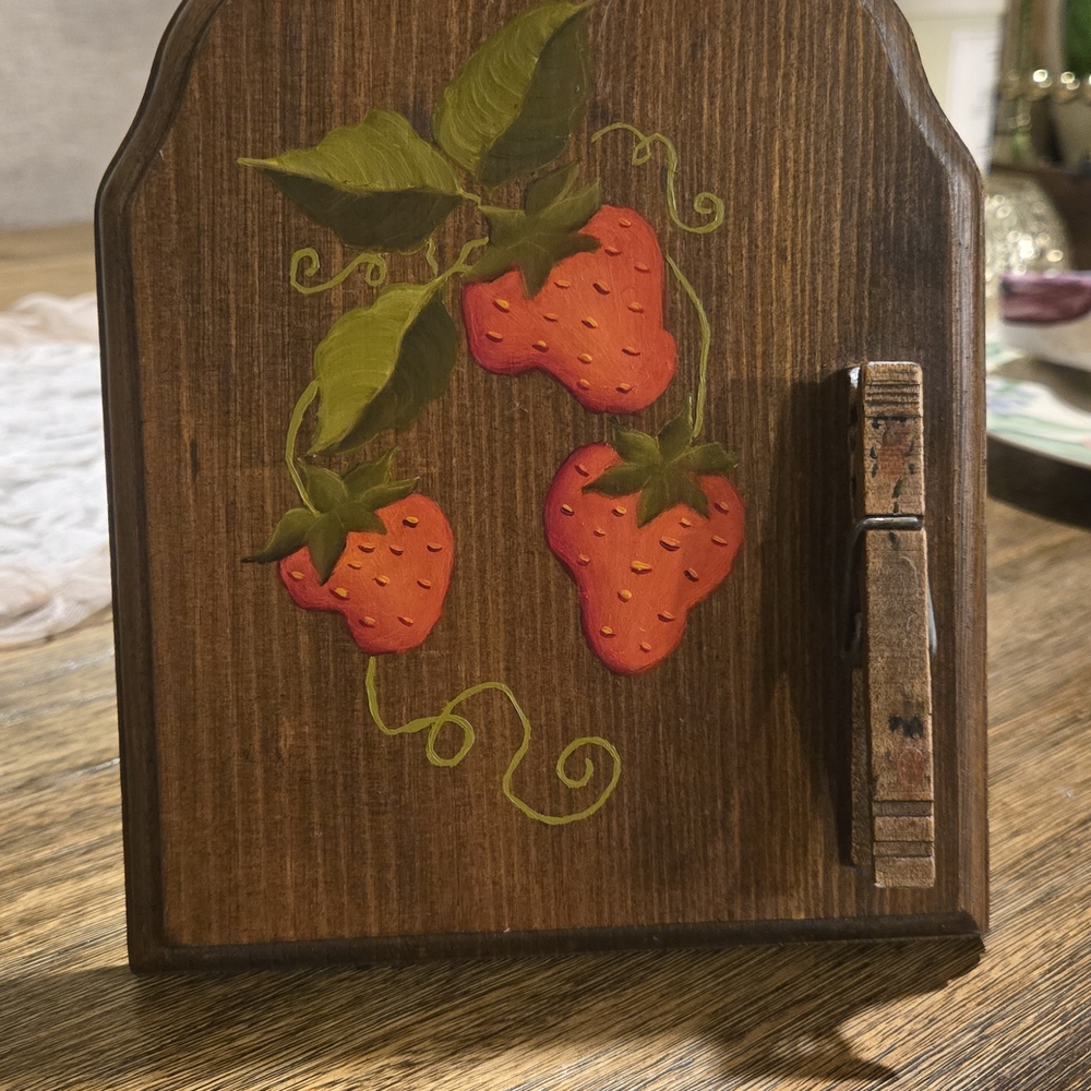 Hand-Painted Strawberry Wood Napkin/Recipe Holder - Red & Green